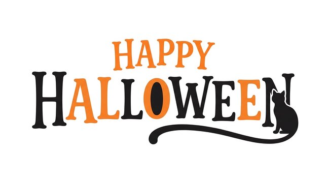 Festive happy halloween typography with a black cat silhouette and colorful lettering