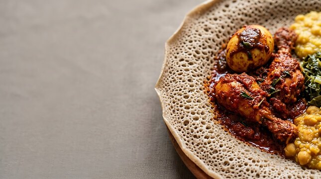 Traditional ethiopian doro wat chicken stew on injera bread