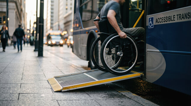 Wheelchair disabled man bus ramp city street urban transportation accessibility Modern wheelchair disabled man boarding bus ramp busy city street, urban transportation accessibility concept with