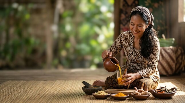 Smiling woman pouring traditional yellow herbal drink in indonesia