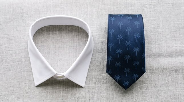 Minimalist flat lay of white shirt collar and blue silk tie with palm tree pattern. Corporate fashion for tropical business travel, professional summer style, and luxury executive retreats.