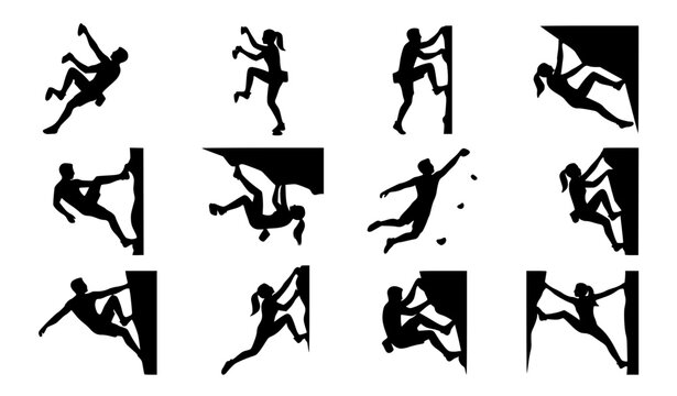 Rock climbing silhouettes vector set with indoor bouldering wall athletes in extreme sports poses