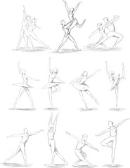 Obraz premium Hand-drawn ballet dancer sketches in dynamic poses on lined paper for artistic design projects