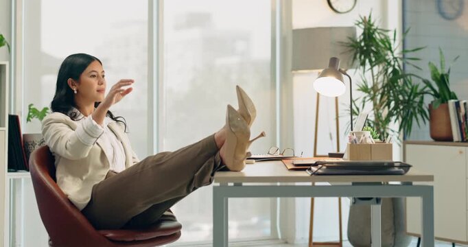 Break, business and woman throwing paper in corporate office for financial or investment career. Document ball, feet up and finance with accounting professional at desk in workplace for complete job