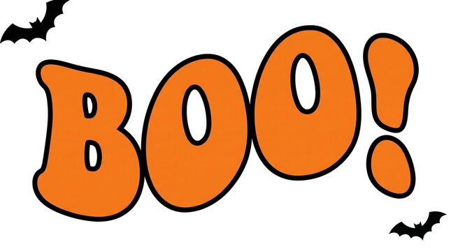 Colorful cartoon illustration of the word boo with bats for halloween celebrations