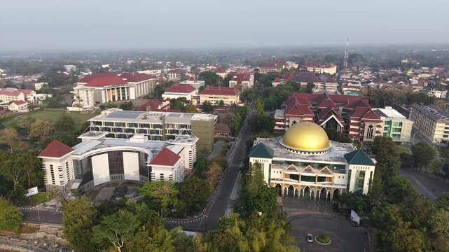Morning aerial view of the integrated campus of the Islamic University of Indonesia, the first and oldest national private university in Indonesia located in Yogyakarta.