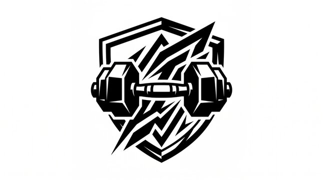 Black and white dumbbell weight logo shield with sharp jagged lines
