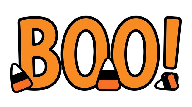 Colorful cartoon illustration of the word boo with halloween candy accents and a spooky vibe