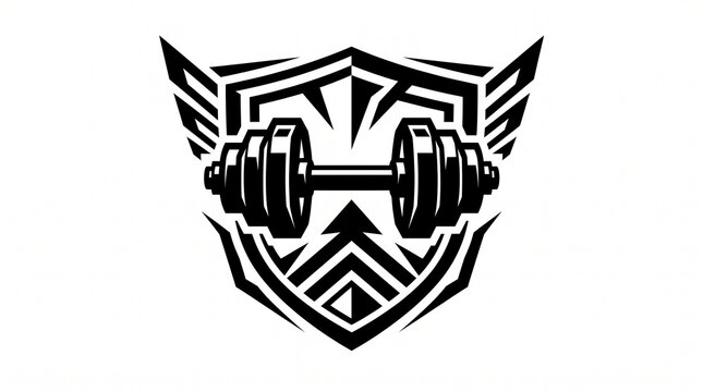 Tribal shield logo design featuring a heavy iron lifting dumbbell graphic