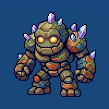 Tiny Rock Golem Fantasy Creature with Crystals, 16-Bit Pixel Art