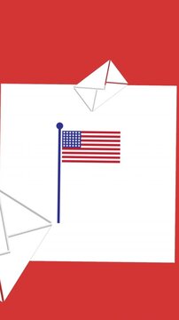 Animation of envelopes falling and flag in red, white and blue of united states of america