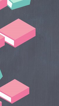 Animation of book digital icons over crayons and blackboard
