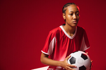 Obraz premium Woman posing in studio in red-white jersey holding black-white soccer ball, white surface left