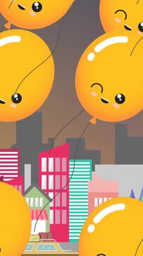 Animation of yellow balloons with smile flying over cityscape