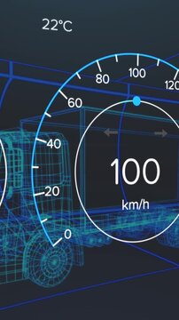Animation of interface with charging battery icon and speedometer over truck