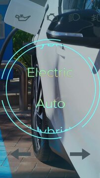 Animation of interface with charging battery icon and speedometer over petrol station