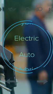 Animation of interface with charging battery icon and speedometer over petrol station
