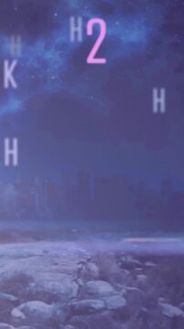 Animation of falling numbers and letters over cityscape