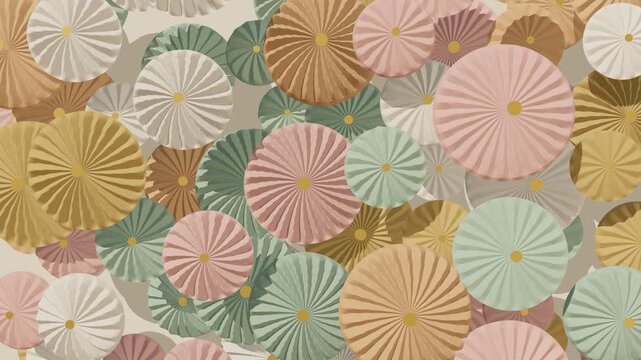 Wall of pastel paper fans and honeycomb rosettes opening in a soft wave, seamless loop party backdrop
