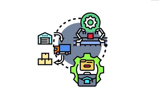 Ai driven process automation orchestrating manufacturing, warehouse logistics, and document management, symbolizing efficiency and technological evolution in business operations