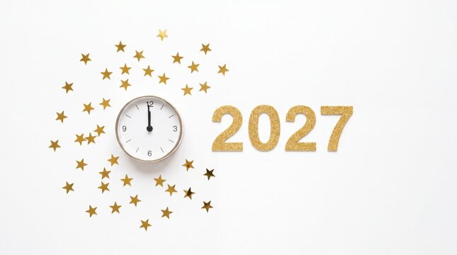 Gold clock showing midnight next to glittery numbers two thousand twenty seven on white background with pointing midnight surrounded