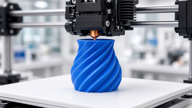 3D printer nozzle printing a blue spiral vase using additive manufacturing technology in a modern lab