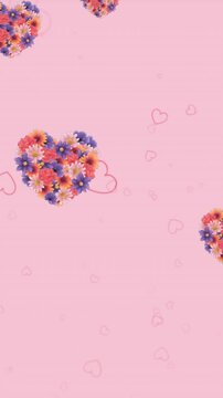 Animation of red hearts and flowers icons floating on pink background