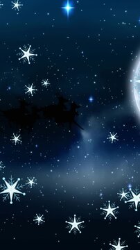 Animation of santa claus in sleigh with reindeer at christmas, over snow falling, moon and sky