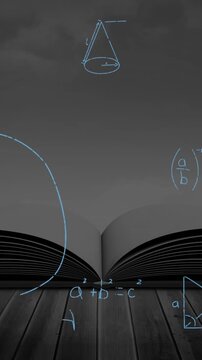 An open book and mathematical equations with figures