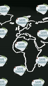 Animation of save planet writings and trees over world map on black background