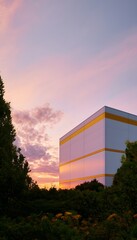 Fototapeta premium Modern industrial design meets serene landscape bathed in golden sunset light reflecting innovation