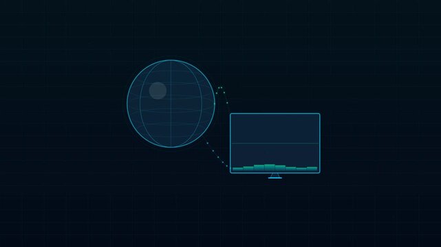 Wireframe Globe and Monitor Bar Chart, Global Data Analytics UI