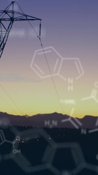 Chemical structures with program codes and a background of transmission towers