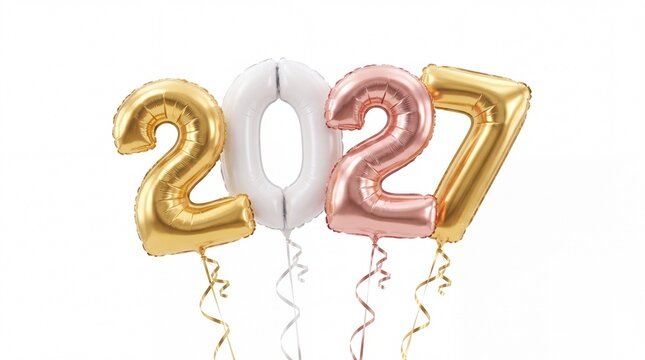 Shiny gold rose gold and white number balloons forming the year 2027 with curling ribbons with against white background