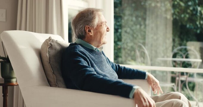 Thinking, relax or senior man at window with inspiration, daydreaming or nostalgia in calm mindset. Retirement, reflection and elderly person with memory, flashback and peaceful perspective in home.