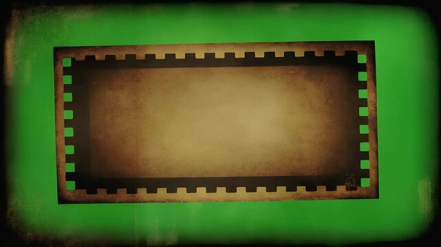 A vintage film strip frame borders a green screen background.