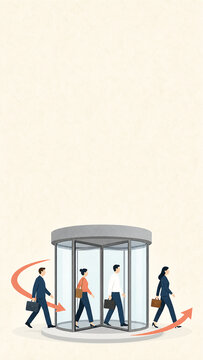 Flat illustration of a revolving door with business people coming and going - employee turnover concept vertical banner with copy space at the top