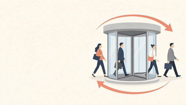 Flat illustration of a revolving door with business people coming and going - employee turnover concept banner with copy space on the left