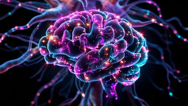 glowing artificial intelligence digital brain constructed from thousands of connected particles and neural pathways