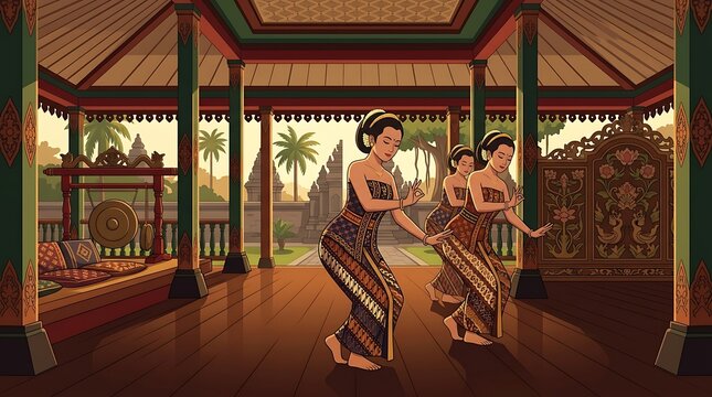 Women performing traditional indonesian dance in a pavilion