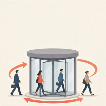 Flat illustration of a revolving door with business people coming and going - employee turnover concept square banner with copy space at the top