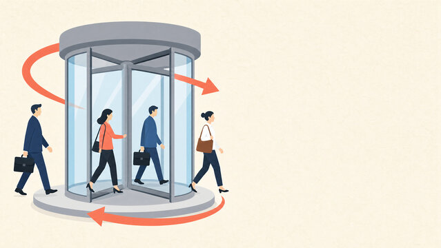Close up flat illustration of a revolving door with business people - employee turnover concept banner with copy space