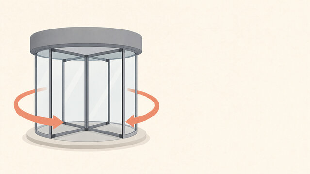 Flat illustration of an empty revolving door with turnover arrows - employee turnover concept banner with copy space