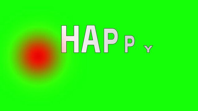 Happy text rendered in white capital letters appears across a bright green screen background with red light.