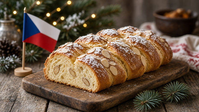 Traditional Czech Vanocka Christmas Bread with Czech Republic Flag