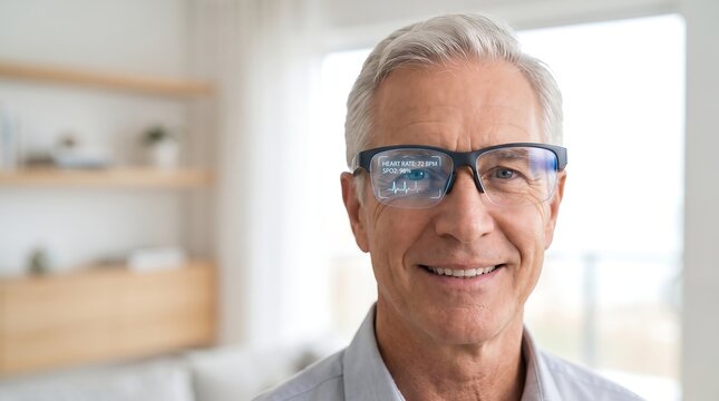 Smiling mature man with gray hair and glasses reflecting light, conveying wisdom and modern technology, indoors.