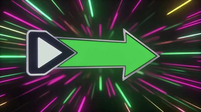 A bright green arrow with a play button icon on a background of colorful light streaks.