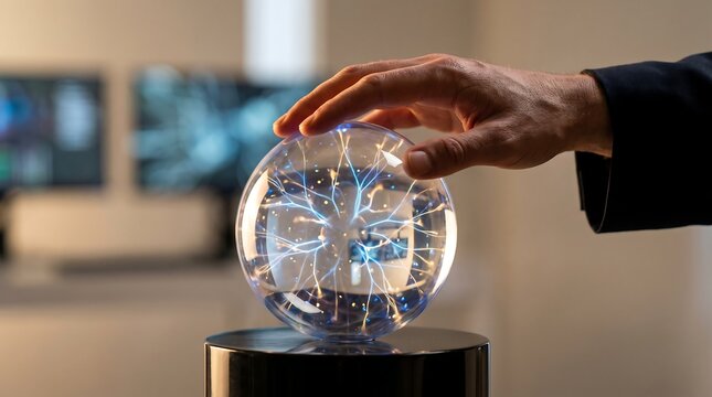 Close-up of a person's hand gently touching a glowing plasma ball, demonstrating scientific curiosity and the mesmerizing flow of electric currents within the spherical device.