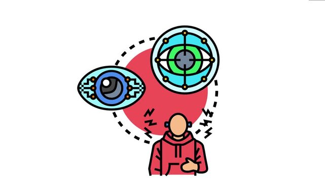Artificial intelligence surveillance concept with a person wearing ear units, connected to eye tracking and data monitoring systems, symbolizing modern security and privacy concerns