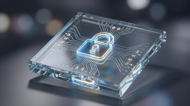 Futuristic transparent microchip with glowing blue padlock symbol integrated into circuitry, representing digital security and data protection on a dark background.